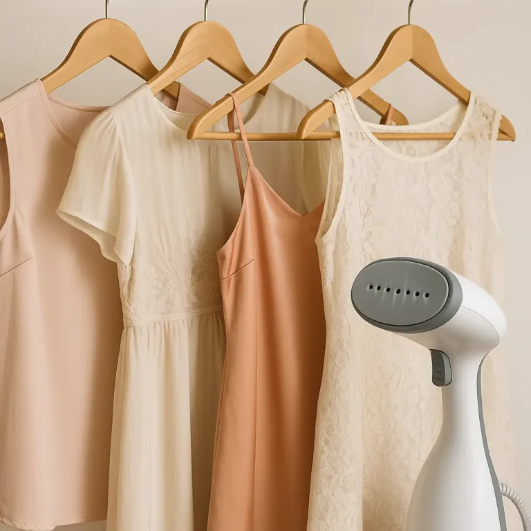 Delicate fabrics hang on wood racks