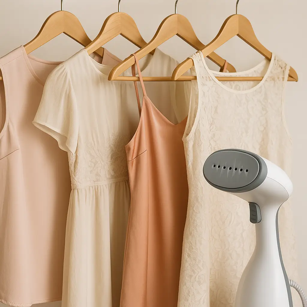 Delicate fabrics hang on wood racks