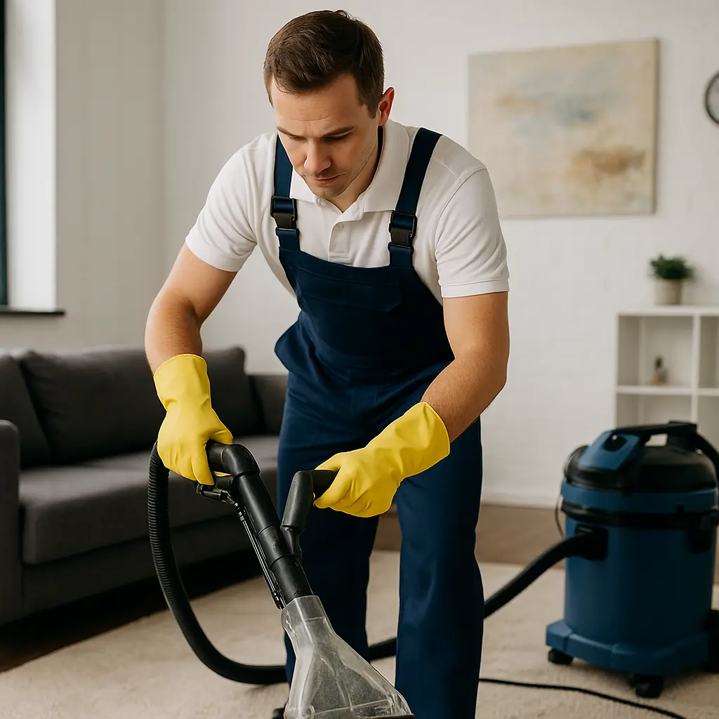 Expert cleaner performing deep cleaning in modern apartment 