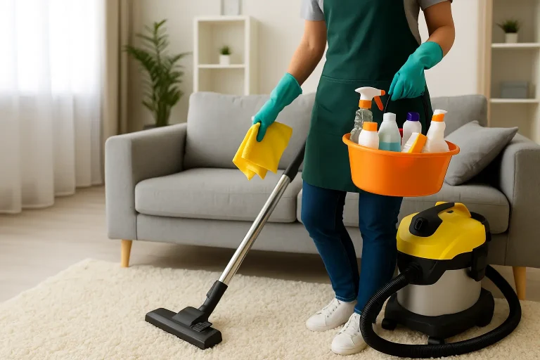 Professional home deep cleaning service in modern apartment