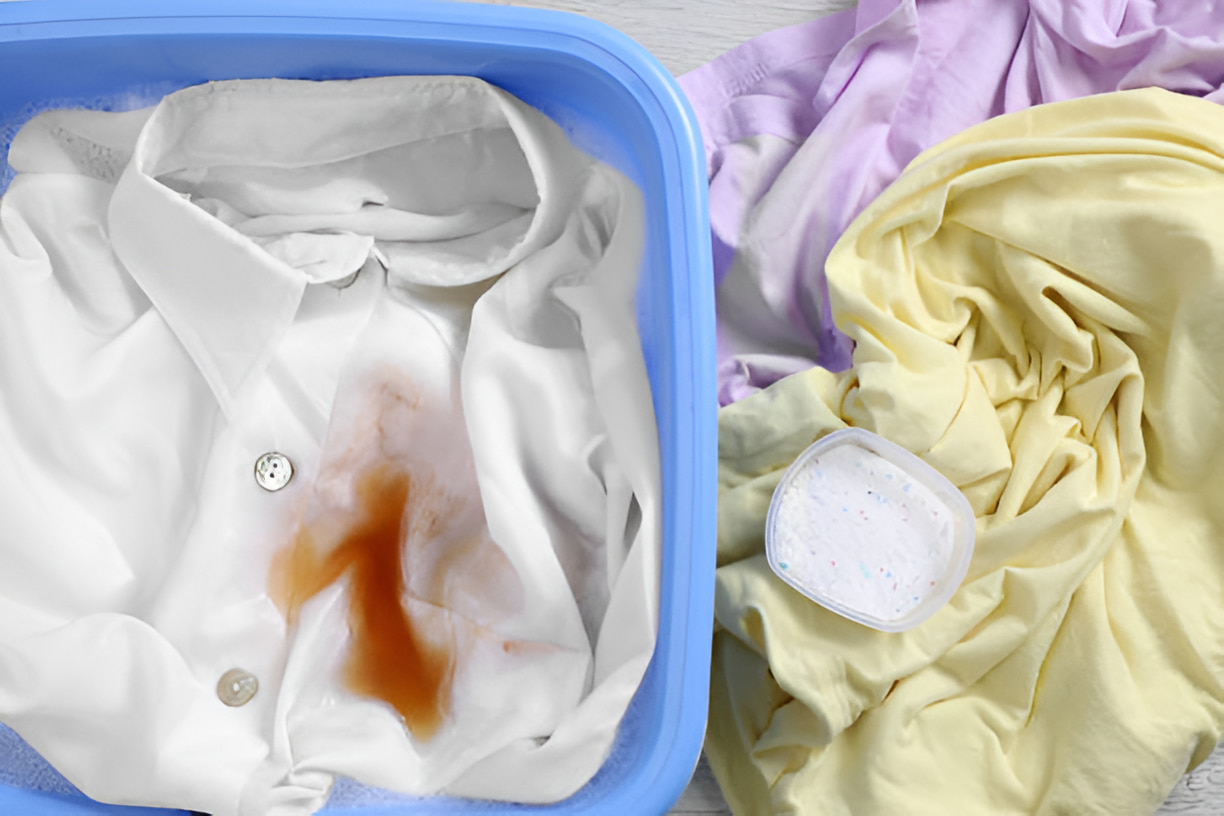 White shirt with a large stain soaking in detergent.